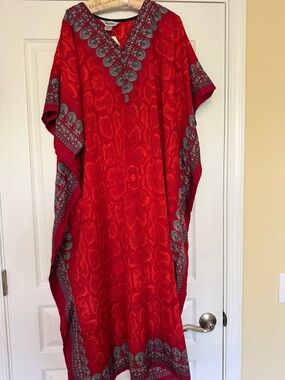 Hand-Embellished Red Maxi Caftan Dress by Malian